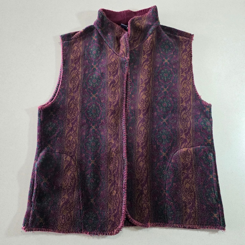 Alpine Studio Women Purple Paisley Fleece Vest Mock Neck Pockets Size Medium